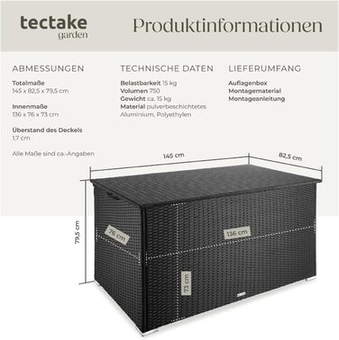 Скриня для зберігання садових речей Tectake з алюмінію та ротангу, 750л, чорна - водонепроникна, з газовими амортизаторами, стійка до УФ-випромінювання та іржі (145x82,5x79,5 см)