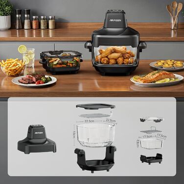 Фритюрниця повітряна AIRMSEN зі скляною чашею, 1500 Вт, 4.5L + 1.2L, 60–230 °C, 4 програми, знімна чаша, для мікрохвильовки та мийки посуду