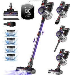 Акумуляторний пилосос бездротовий 45000 Па з сенсорним екраном, 50 хв роботи, контейнер 1.6 л, фільтр H13 HEPA, анти-заплутуюча щітка для підлоги/килима/шерсті тварин, фіолетовий