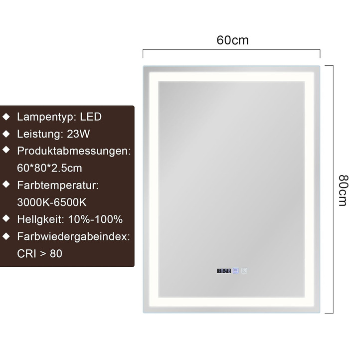 Дзеркало для ванної кімнати Mursche з підсвічуванням LED, 50x70 см, IP44, сенсорний вимикач, годинник, антизапар, регулювання яскравості 3000K-6500K