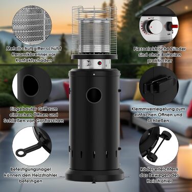 Газовий обігрівач для тераси TLSUNNY з захисною кришкою, на колесах, з піроелектричним запалом, чорний (Газовий балон не входить у комплект)
