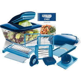 Набір для нарізки овочів Nicer Dicer Chef 15 елементів: нарізник, шинкувальник, нарізник для салату, кубик-нарізник, нарізник для картоплі фрі, хвилястий нарізник, мульти-подрібнювач для фруктів та овочів, кухонний аксесуар з рецептами (блакитний)