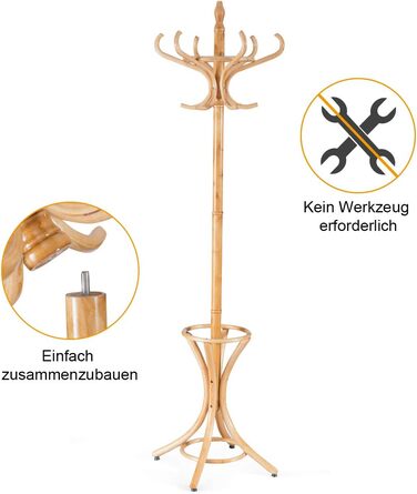 Стійка для одягу GIANTEX з підставкою для парасольки, дерев'яна, 12 гачків, для передпокою/вітальні (натуральний колір)