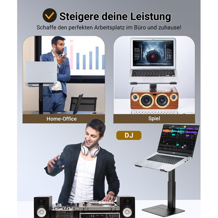 Регульований підставка для ноутбука, стійка для ноутбука на стіл, можливість стоячи, підставка для DJ, компактна альтернатива столу, сумісна з MacBook та ноутбуками 13'-16.5', чорний Polar-Schwarz