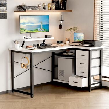 Комп'ютерний стіл L-подібний Devoko з 4 ящиками з тканини, 2 розетками та 2 USB-портами, для дому та офісу, ігор, білий, 140x80 см