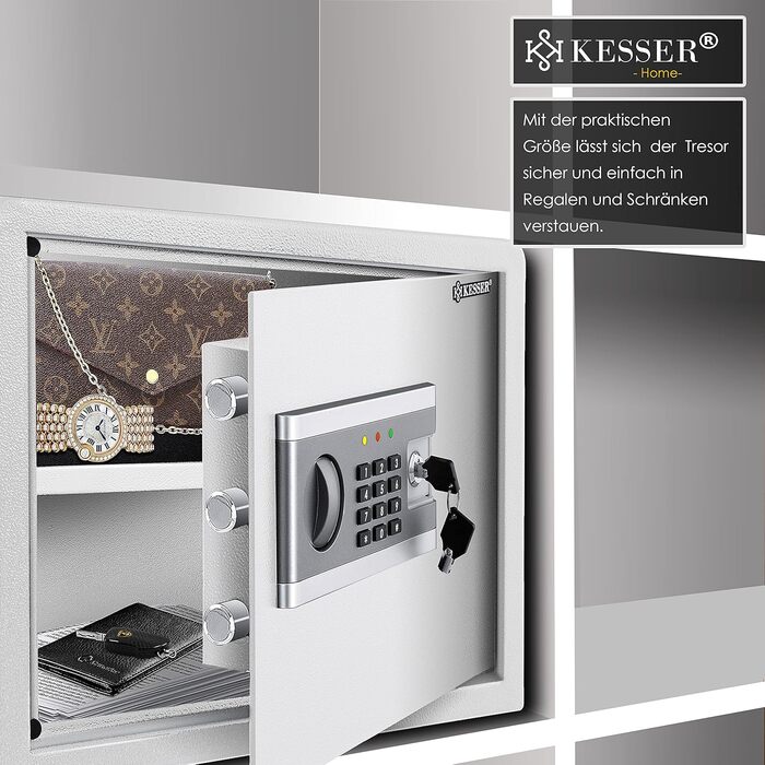 KESSER® Електронний сейф | 38x30x30 см | з батарейним відсіком | Вбудоване освітлення | Сейф для підлоги та стіни | Меблевий сейф | Сріблястий