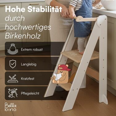 Лернтурм Bellabino Tay – навчальний столик для дітей від 1 року, регульована висота, білий, Монтессорі, з захистом від перекидання, з натурального дерева