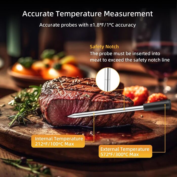 Бездротовий термометр Mcbazel Smart Meat Thermometer з радіусом дії 45 м, Таймер/сигнал тривоги, підтримує віддалений моніторинг/додаток, термометр для варіння/гриля/запікання