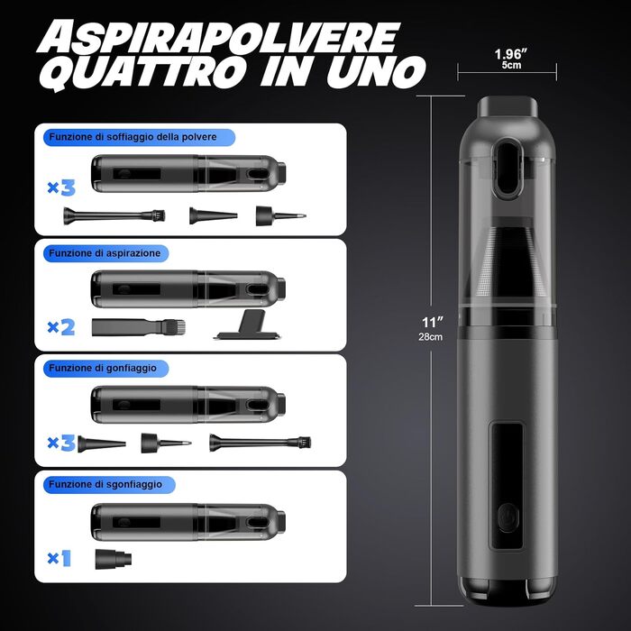 Акумуляторний ручний пилосос для авто та дому 4-в-1, безщітковий мотор 26000Па, 3 режими потужності, з підсвіткою (Сірий)