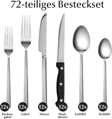 Набір столових приборів Miamio для 6 осіб (72 шт.) з нержавіючої сталі 18/10, сріблястого кольору, придатний для миття в посудомийній машині