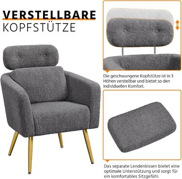 Крісло Yaheetech з тканини букле, крісло-релакс з регульованою спинкою та металевими ніжками, біле (темно-сіре)