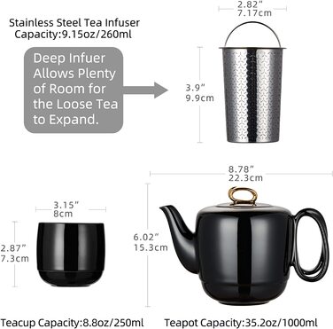 Порцеляновий чайник з ситовою вставкою, керамічний чайний сервіз з спіральною ручкою для розсипного чаю, 1000 мл розкішний чорний гладкий керамічний чайник із золотим оздобленням для подарунків (07-чорний чайник / 4 чашки)
