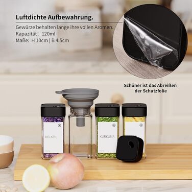 Набір контейнерів для спецій Miorkly - 24 шт. з чорними кришками з нержавіючої сталі, 120 мл, з ситечком, високоякісні, скляний органайзер з воронкою, етикетками та ручкою