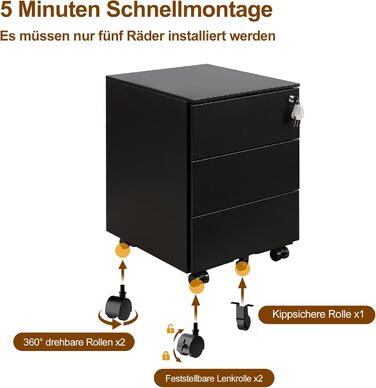 Роликовий контейнер HOMSTEEL з замком, 4 шухляди, металевий шафа, готовий до використання, для офісу та дому, білий (3 шухляди (44T x 37B x 60H cm), чорний)