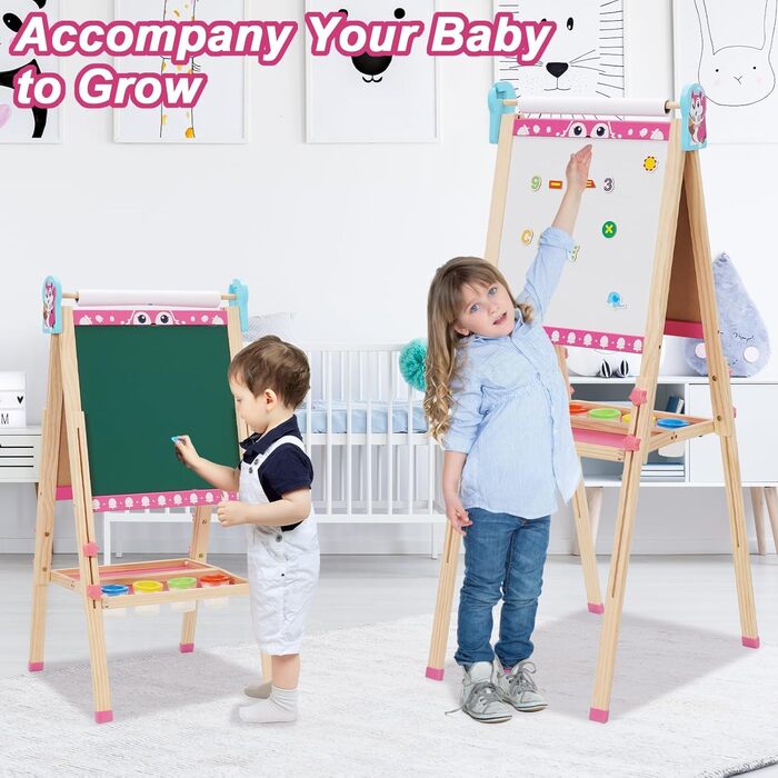 Дитяча мольберт Kinder Staffelei 3 в 1: регульована висота 95-125 см, ролик для паперу, двосторонній, з набором для малювання (100+ шт.), для дітей 3-8 років (рожевий)