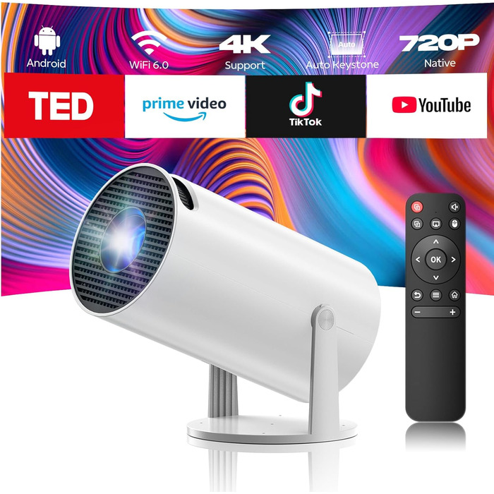 Портативний проєктор Mini Beamer 4K з WiFi6, Bluetooth 5.0 та Android 11.0. Підтримка HDMI, USB, Laptop для домашнього кінотеатру. Автоматичне вирівнювання зображення