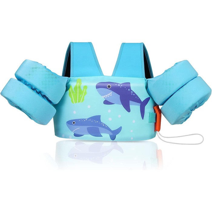 Дитячі плавальні крила MoKo, мультяшний рятувальний жилет з плечовим ременем, тренувальна куртка для плавання, плавальний купальник, аксесуари для плавання з подвійною пряжкою для хлопчиків і дівчаток, для дітей вагою 30-70 фунтів, синій і акулячий (B)