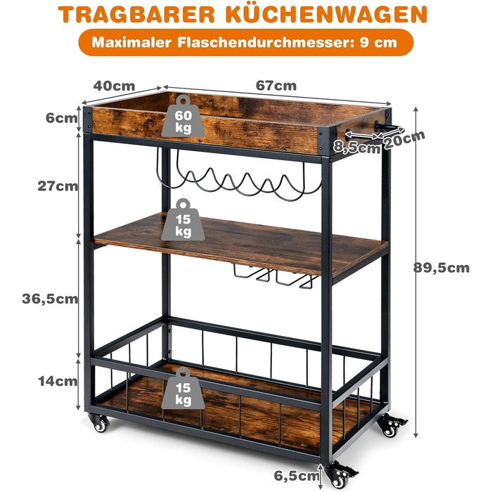Візок для сервірування з підносом, колесами, тримачем для вина та келихів, промисловий дизайн, 67x40x89.5см, вінтажний коричневий