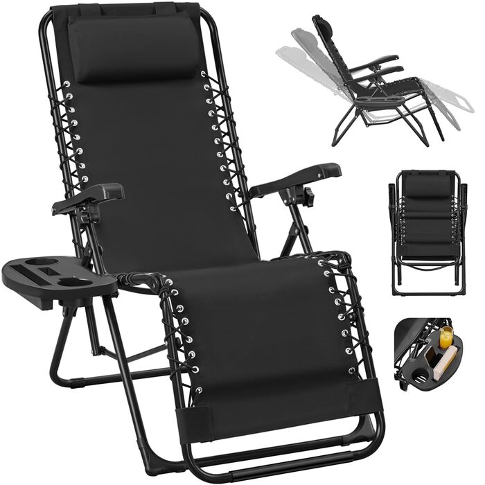 Розкішна розкладна шезлонг Yaheetech для саду, балкону та пляжу з подушкою та тримачем для напоїв (Чорний)