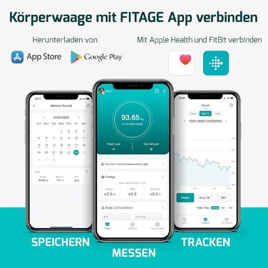 Ваги для ванної кімнати FITAGE цифрові, переможець тесту 2024 року, шкала жиру в організмі, 17 виміряних значень, додаток, до 180 кг, світлодіод