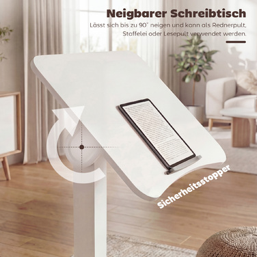 Регульований за висотою стіл для стояння, мобільний стіл з нахиленою стільницею, стопор безпеки, колеса, білий