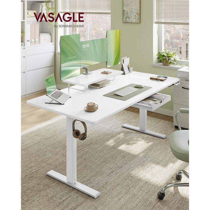 Регульований стіл VASAGLE з підставкою для монітора, шухлядою та USB-C, нагадування про перерви, 160 x 80 см, Wolkenweiß