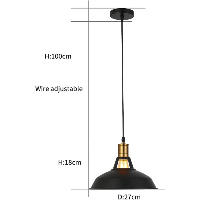 Ретро підвісний світильник, вінтаж індустріальний стиль, чорний, Ø27см, цоколь E27