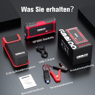 Powerbank Starthilfe GOOLOO GP2000 для автомобіля: 2000A, 12V, до 8.0L бензин/6.0L дизель, USB-швидка зарядка, LED, стартові кабелі