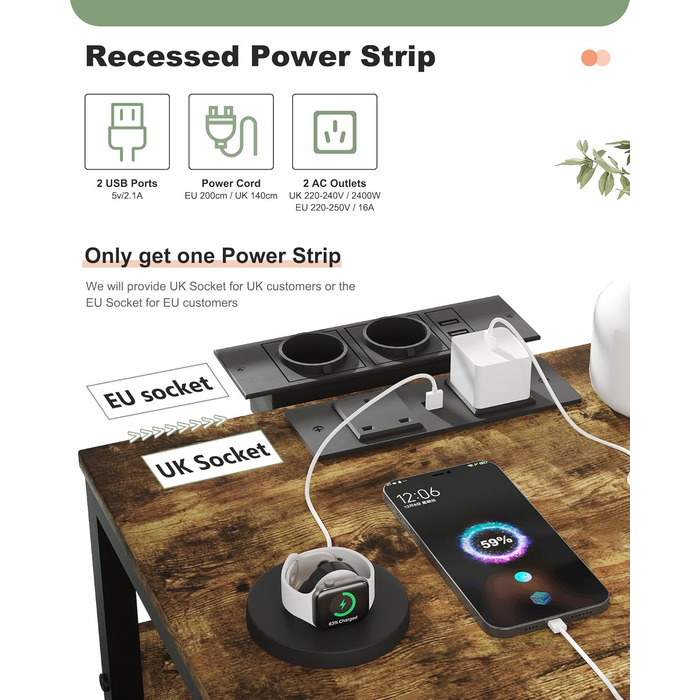 Нічний столик з бездротовою зарядкою, 2 розетки AC та 2 USB-порти, 3 шухляди, коліщатка, вінтажний дизайн, чорно-коричневий (для вітальні, спальні)