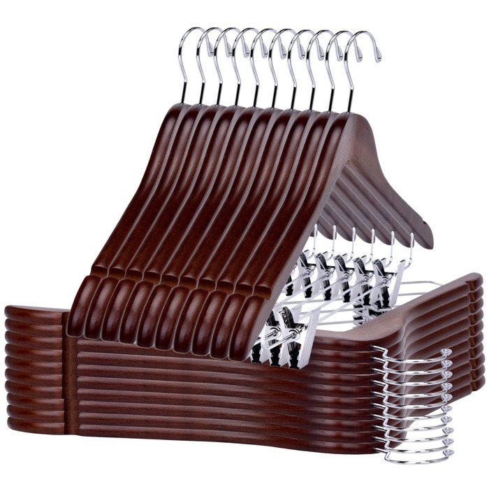 Дерев'яні вішалки для одягу з кліпсами (20 шт.), масивне дерево, вішалка для штанів, регульовані металеві кліпси, поворотний гачок, для пальто, сорочок, костюмів (Волоський горіх - Хромований гачок)