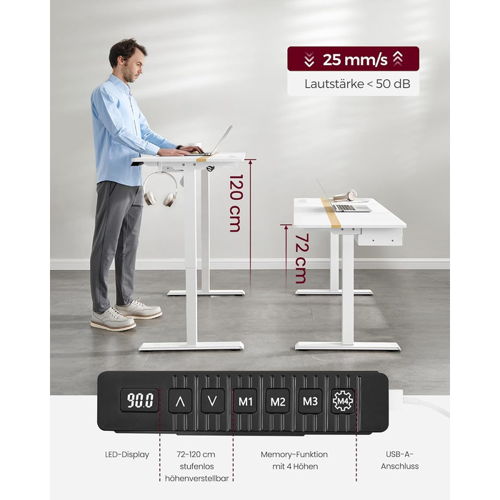 Електричний регульований стіл VASAGLE 120x60 см, білий + горіховий, з пам'яттю висоти, з розетками та ящиком