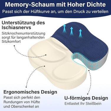 Ортопедична подушка для сидіння, ергономічна подушка для офісного крісла, подушка для куприка, комфортна подушка для стільця, зняття стресу, подушка для стільця, сидіння для автомобіля, офісу - (Блакитний)