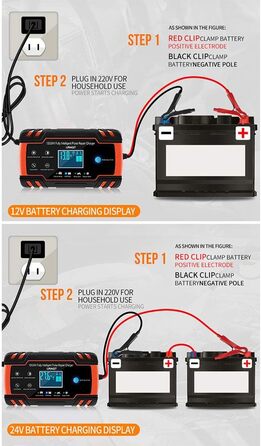 Зарядний пристрій для акумулятора URAQT 8A: 12V/24V, розумний, автоматичний, з LCD, для авто, вантажівок, мотоциклів, човнів