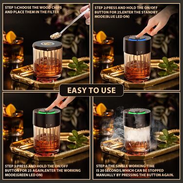 iDiskk Набір для копчення коктейлів: електричний димогенератор для віскі, бурбон, міксологія, вбудований запальник, 6 дерев'яних стружок