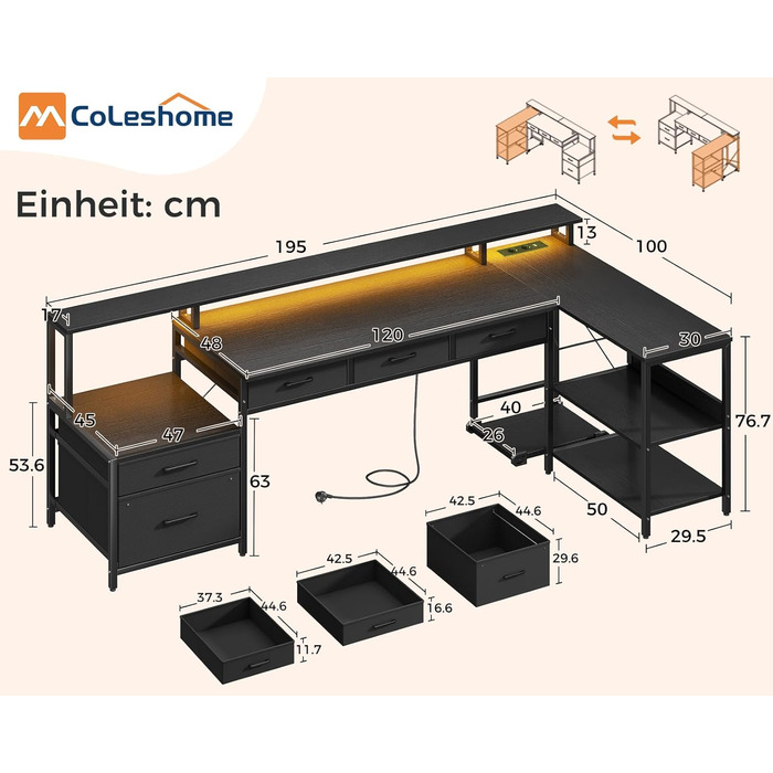Комп'ютерний стіл Coleshome L-подібний з ящиками, 195x100 см, з розеткою, LED-підсвічуванням та підставкою для монітора, геймінговий стіл, чорний