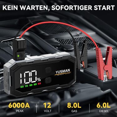 Powerbank для автомобіля Starthilfe: 6000A, 12V, бустер для акумулятора, LCD-дисплей, 4 режими LED-підсвічування. Підходить для бензинових (8L) та дизельних (6L) авто, SUV, мотоциклів, газонокосарок.