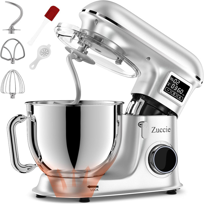 Кухонна машина 1500W 8L з 6 швидкостями, функцією ферментації та LCD-дисплеєм. Комплектується міксером, гаком для тіста та вінчиком (срібна)