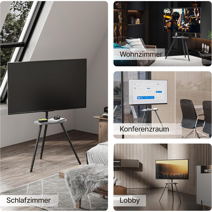 Підставка для телевізора 43-65 дюймів (LCD, LED, OLED) до 35 кг, регульована по висоті та поворотна, дерев'яна, з підносом, VESA 400x400 мм, чорний кований метал