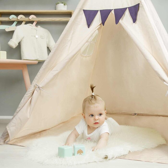 Дитячий намет-типі з натуральних матеріалів Kinder-Spielzelt Tipi - ідеальний подарунок для дитячої кімнати. Намет з бавовни та дерева для гри в приміщенні та на вулиці (Бежевий)
