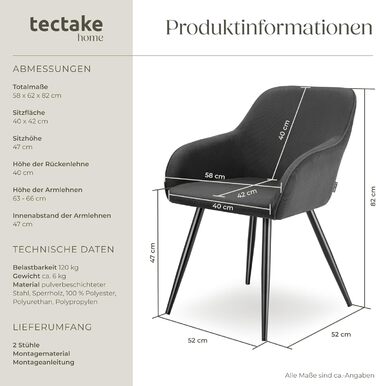 Тектейк® 4x зручний стілець для їдальні з підлокітниками, оббитий, крісло-пуф, lounge стілець для вітальні, їдальні, сучасні кухонні стільці, офісний стілець - (набір 2 шт, антрацит/чорний)