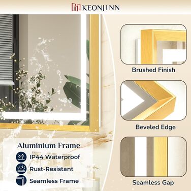 Дзеркало для ванної кімнати Keonjinn з підсвічуванням, 50x70 см, золотий металевий каркас, LED, сенсорне управління, 3 кольори світла, диммування, без запотівання, пам'ять налаштувань