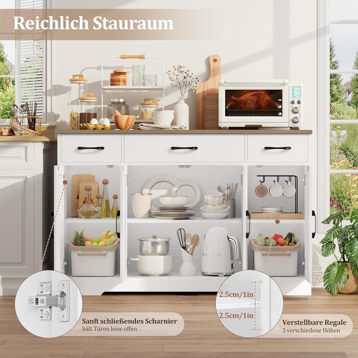 Сервант HOCSOK 140 см: кухонна шафа з 2 регульованими полицями, буфет з 3 висувними ящиками та 4 дверцятами, для вітальні, кухні, передпокою, білий & коричневий