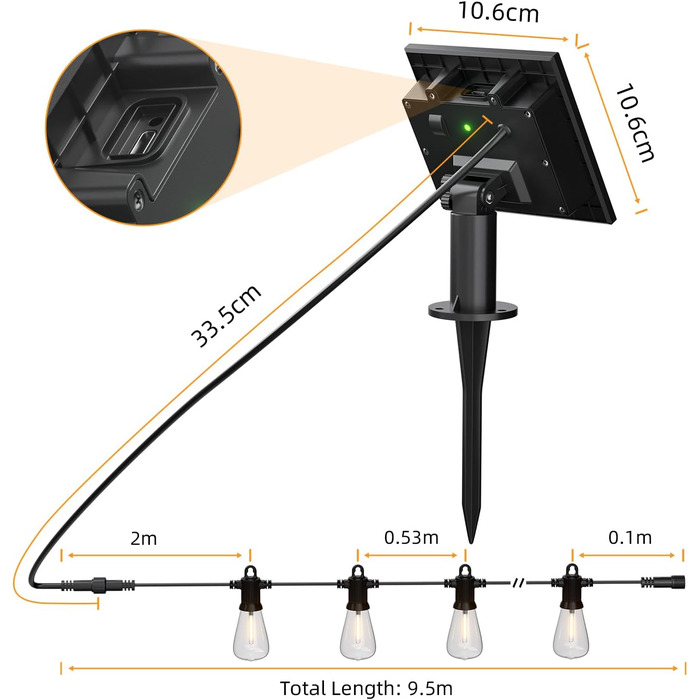 Світлодіодні струнні світильники зовнішня, 252 лампи ST38, IP65, теплий білий 2700K, сонячна 9.5м, 15M
