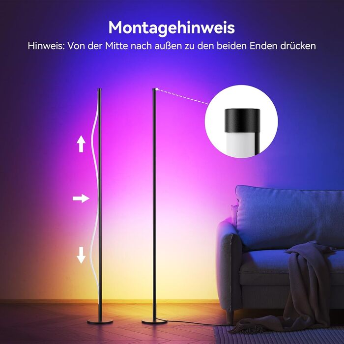 LED торшер кутовий RGB 60 см для вітальні та спальні з димером, пультом та додатком, музичні режими, DIY, таймер