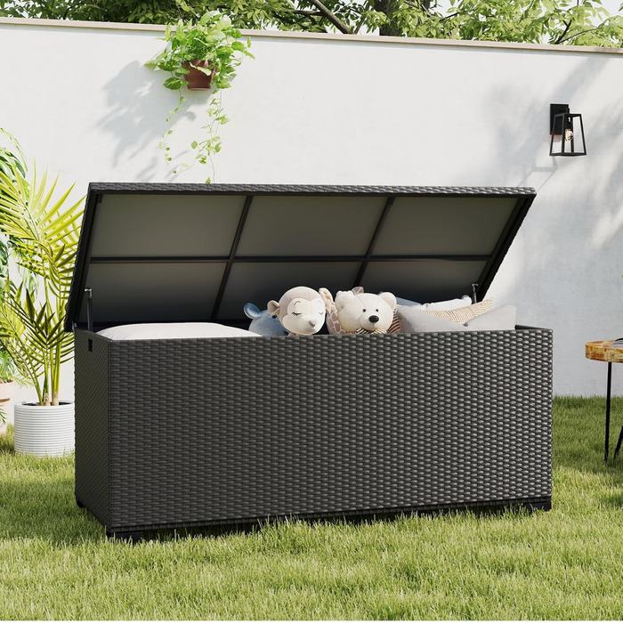 Скриня для подушок садових Polyrattan Amopatio 650л, водонепроникна, з газліфтом, чорна. Ящик для зберігання речей на вулиці для саду, балкону