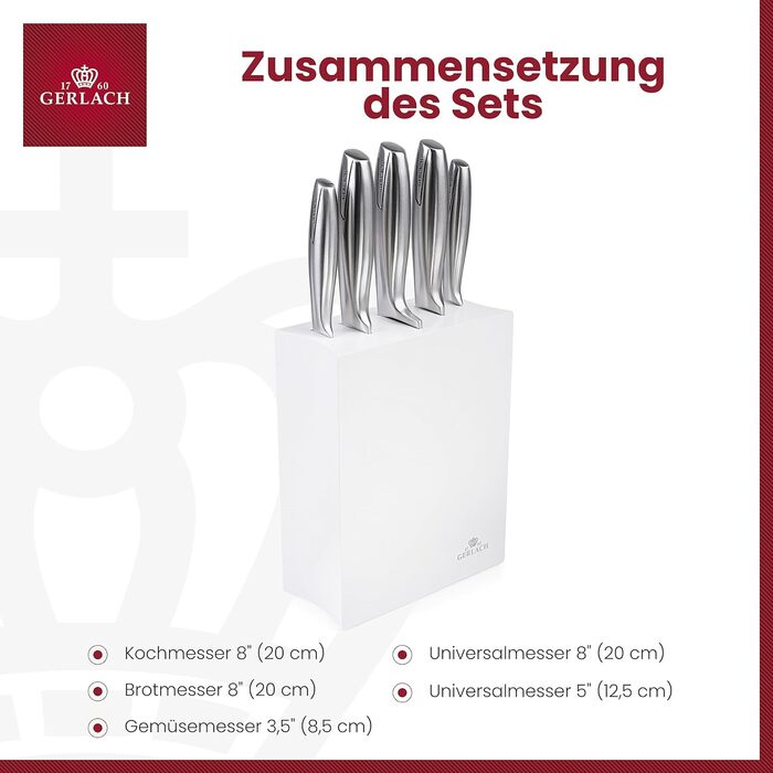 Набір кухонних ножів Gerlach Modern: 5 ножів у блоці з нержавіючої сталі (Kochmesser, Brotmesser, Gemüsemesser)