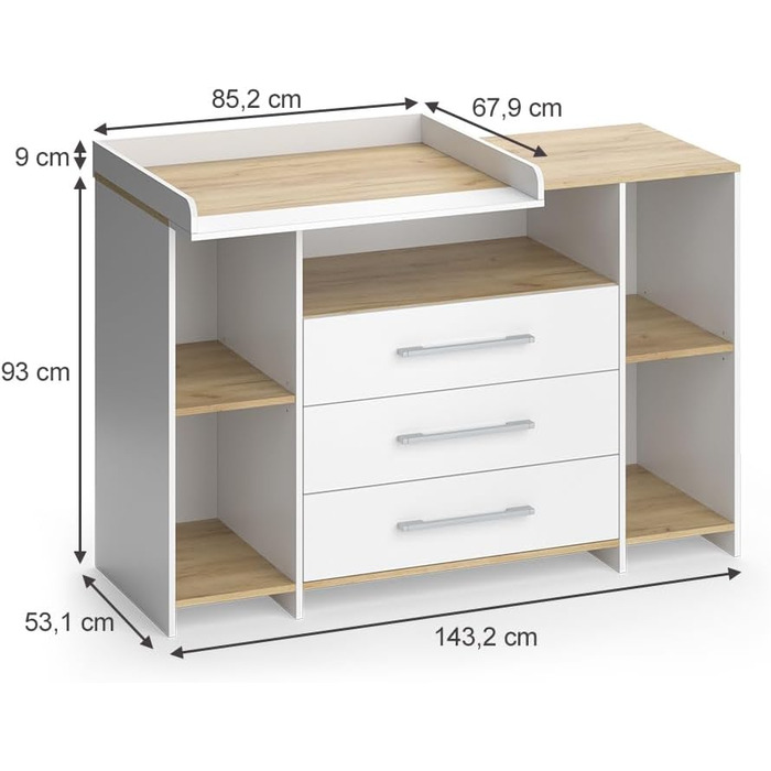 Комод-ліжечко Vicco Oskar з пеленальним столиком, сірий, 143 x 100 см XL з ящиками, білий/сірий (білий/золотий дуб)