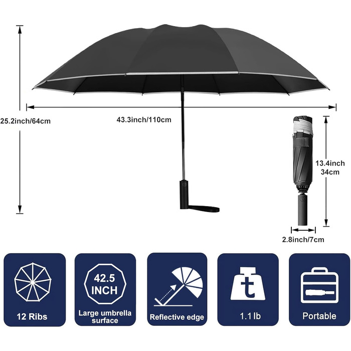 Штормонепроникна парасолька, 12 ребер, автоматичний, складний, світловідбиваючий, водонепроникний, чорний