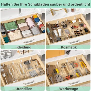 FUNIZE Регульовані роздільники для ящиків з вставками, 8 шт., роздільники 32-58 см + 16 шт. вставок 9-18 см, органайзер для ящиків, кухня, спальня, офіс, прозорий, 6 см висота