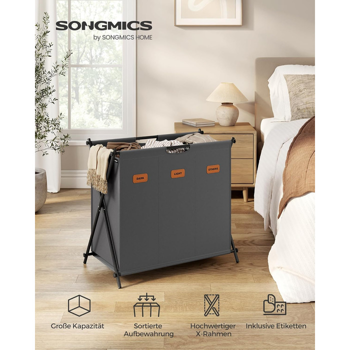 Кошик для білизни SONGMICS, 2 відділення, складний, X-Frame, етикетки, 135 л, шиферно-сірий, LCB120B01